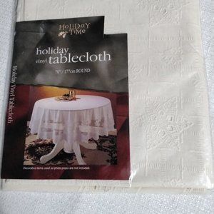 Holiday Time Vinyl Tablecloth 70" Round Diameter Almond Bone Lace Pattern Inv011